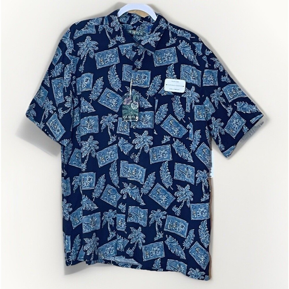 Campia Shirt XL Aloha Hawaiian Navy Rayon Tropical Palm Beach Camp Resort NWT
